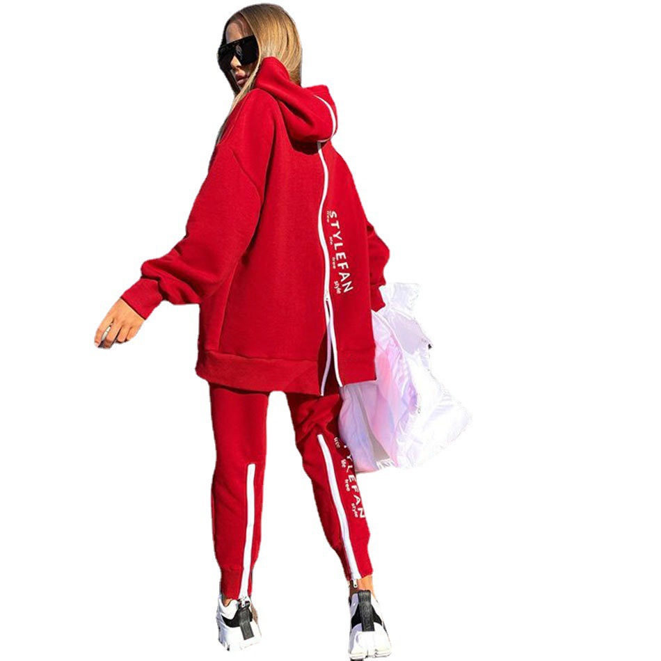 001 European American Style Autumn Winter Zipper Front Back Letter Print Loose Long Sweatshirt And Pants Casual Sports Set_voghion.com