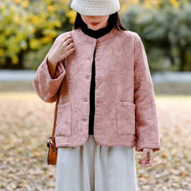 新中式轻国风夹棉外套女2025冬季新款圆领亚麻腰果花刺绣短款棉衣
