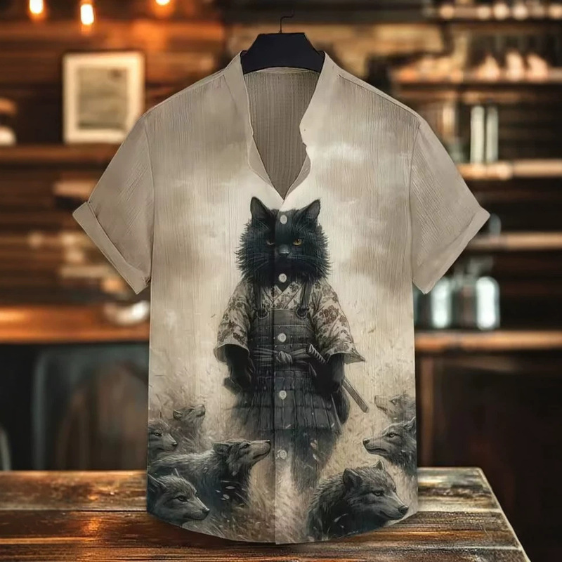 Cross-Border Independent Website Exclusively for Amazon: Men's Short-Sleeve Shirts in Old Money Style, Samurai Cat Warrior Design, Turn-Down Collar, Casual Summer Wear