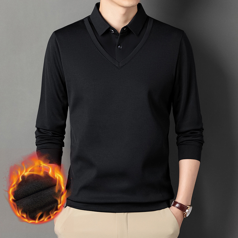 Fleece-forrado cálido falso suéter de dos piezas de los hombres de mediana edad engrosada suéter de solapa papá superior entrega de una pieza