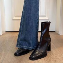 粗跟方头高跟鞋短靴女2025年秋冬新款黑色马丁靴粗跟弹力瘦瘦靴子