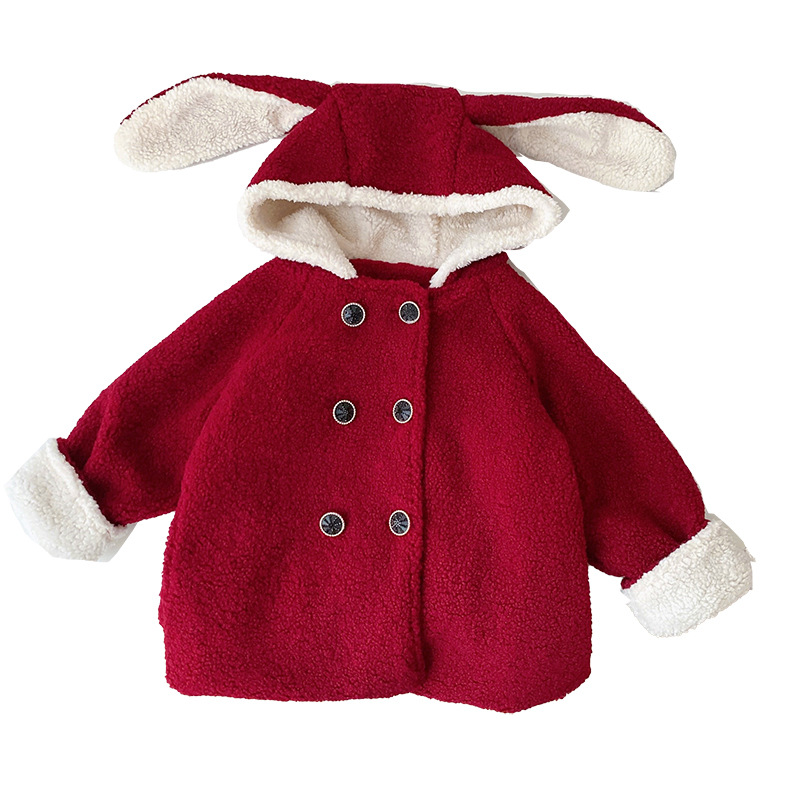 Qianqiu vestimenta de invierno de niñas chaqueta de cordero nuevo niño chaqueta de orejas de conejo extranjero con chaqueta de lana gruesa para bebés