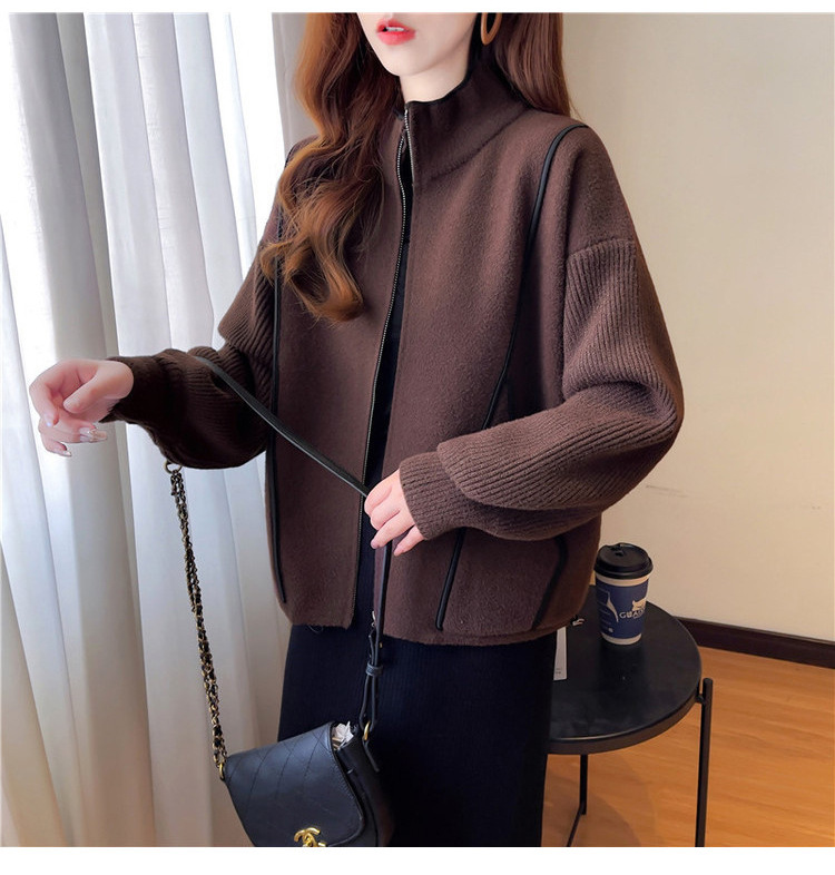 Faux double-sided woolen knitted jacket for women, 2023 autumn new style zipper baseball jacket, short, loose, thick and large cardigan pic 30