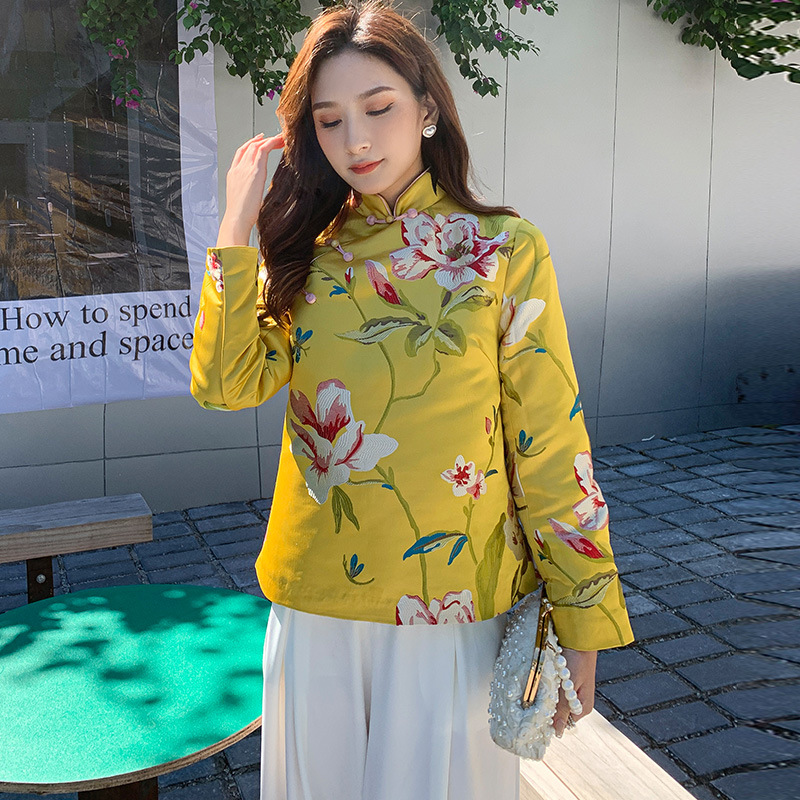 2021新款女装秋冬兔毛改良旗袍唐装立领保暖加绒九分袖复古棉外套