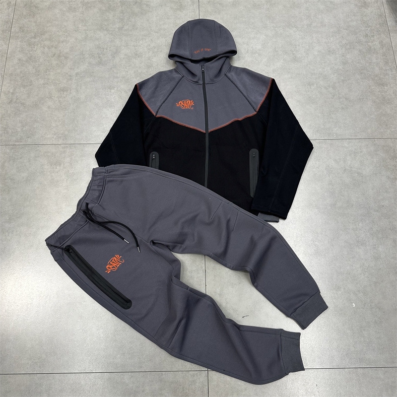 アメリカンファッション Syna 小さなラベル刺繍ステッチコントラストカラープラスベルベットメンズとレディースカーディガンフード付きジャケットカジュアルジッパーパンツスーツ|undefined