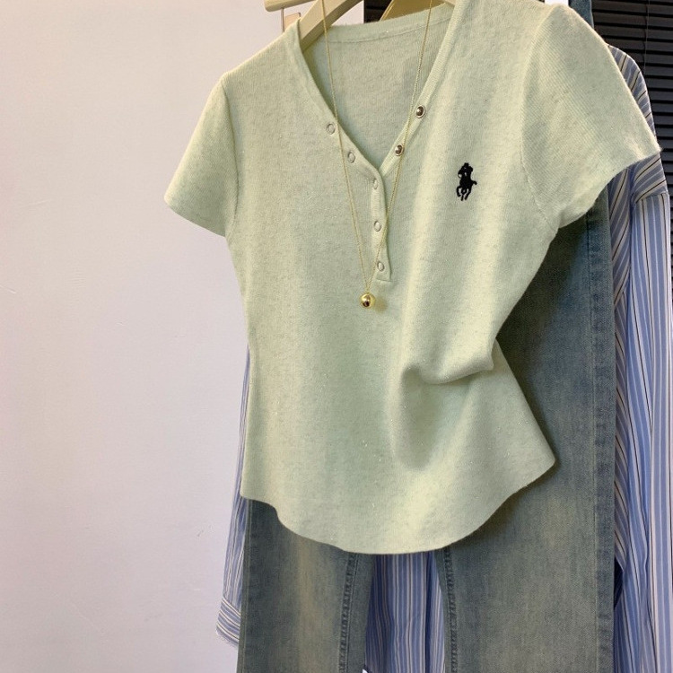 zdm プラスサイズ 150kg 個別におすすめ〜ポニー刺繍半袖 Tシャツレディース夏ボタン V ネックニットトップスイン|undefined