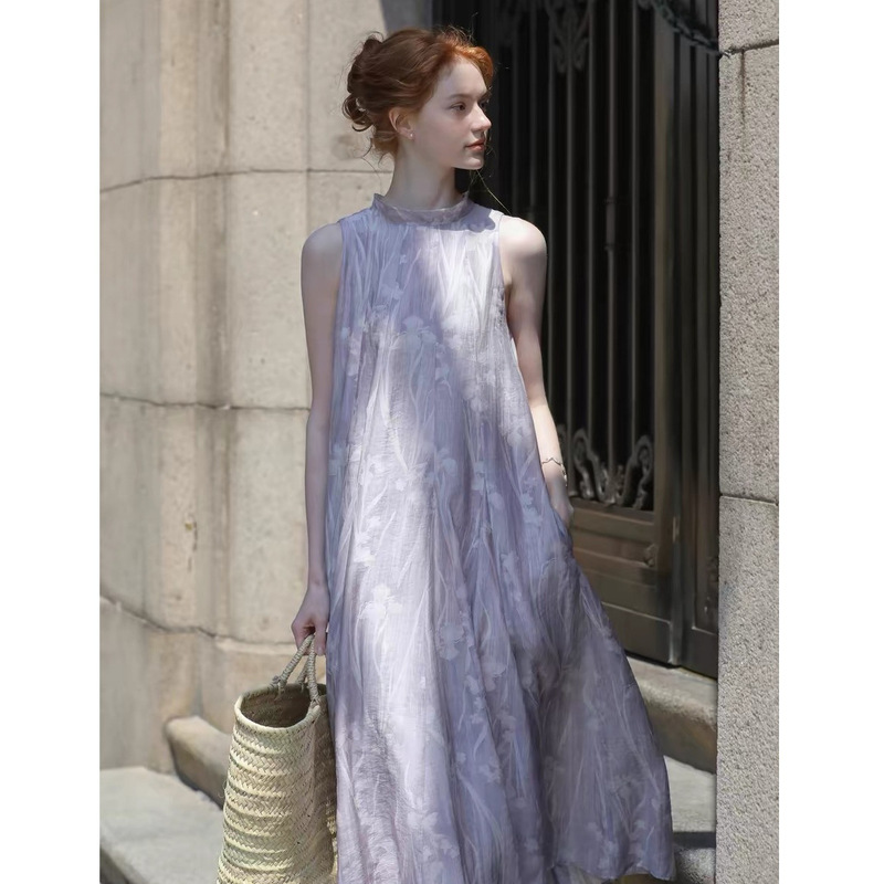 Meliliy French Resort-Style Stand-Collar Sleeveless Printed Purple Mid-Length A-Line Iris Flower Dress Meliliy French Resort-Style Stand-Collar Sleeveless Printed Purple Mid-Length A-Line Iris Flower Dress