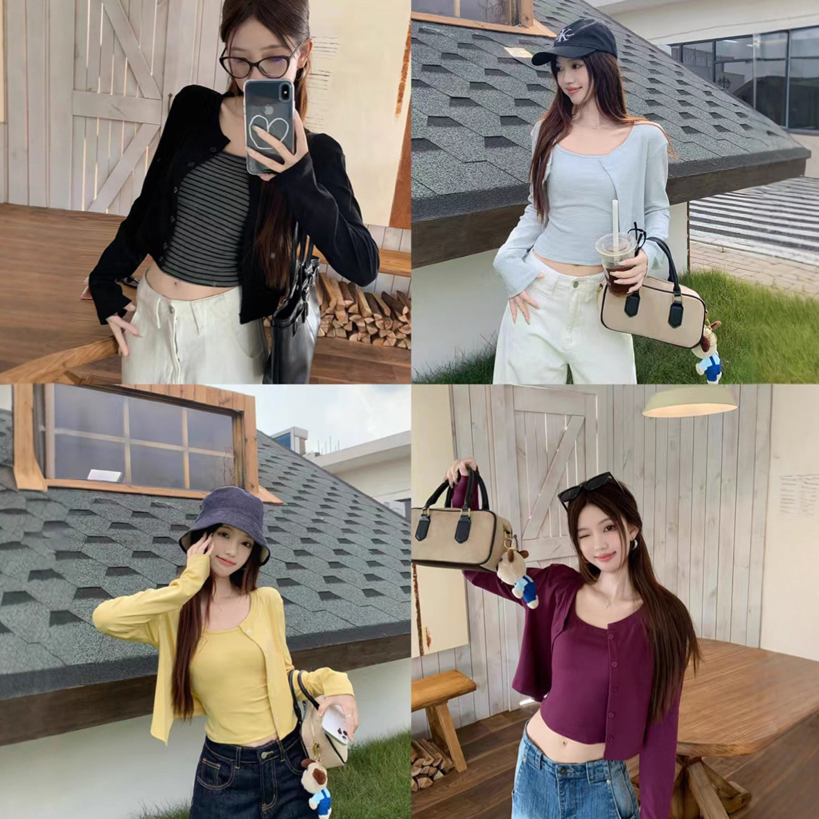 Ins Sexy Pure Desire Long-Sleeve Cardigan Striped Tank Top Camisole Spring and Autumn Versatile Fashion Base Shirt Women's T-Shirt Trendy