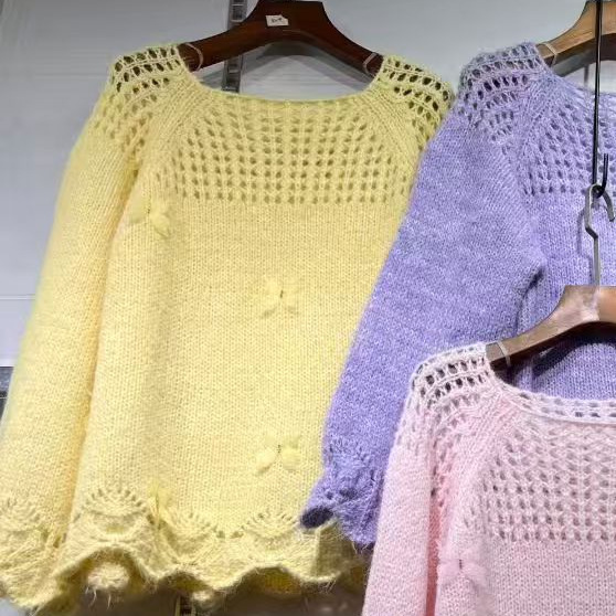 圆领立体蝴蝶设计镂空钩花毛衣女秋冬大胖妹妹高级气质显瘦百搭衣|undefined