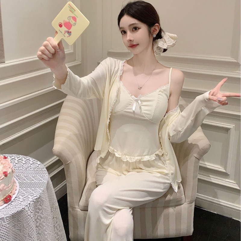 秋季新款睡衣女莫代尔三件套高级感长袖长裤简约居家服小香风带胸|undefined