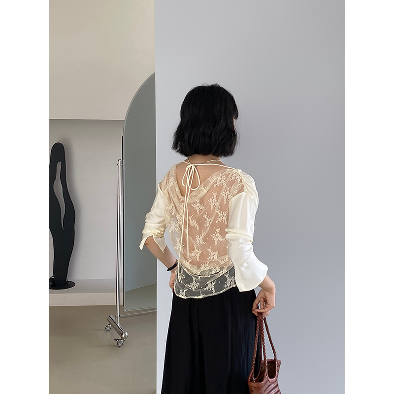Jiangzuo Temperament Cool Back Lace Hollow Collar Small Shirt Gentle Temperament Seven-point Sleeve Top 1380