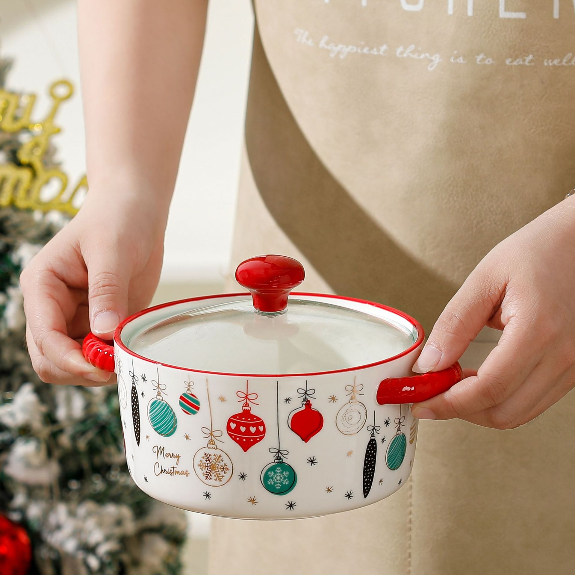 Cuenco de fideos instantáneos de cerámica con tapa de Navidad