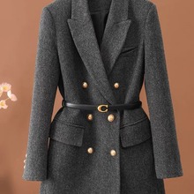 法式感夹棉加厚西装外套女2023冬新款双排扣挺阔显瘦时尚西服