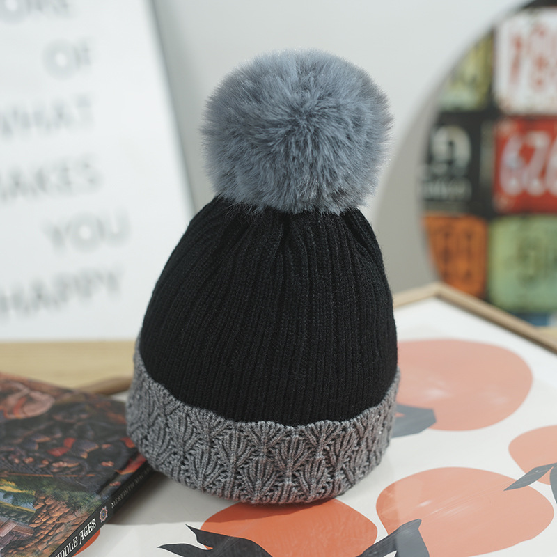Winter Women's With Fleece Lining, Thickened And Warm Knitted Hat, Foreign Trade Cross-Border Pom-Pom Color-Block_voghion.com