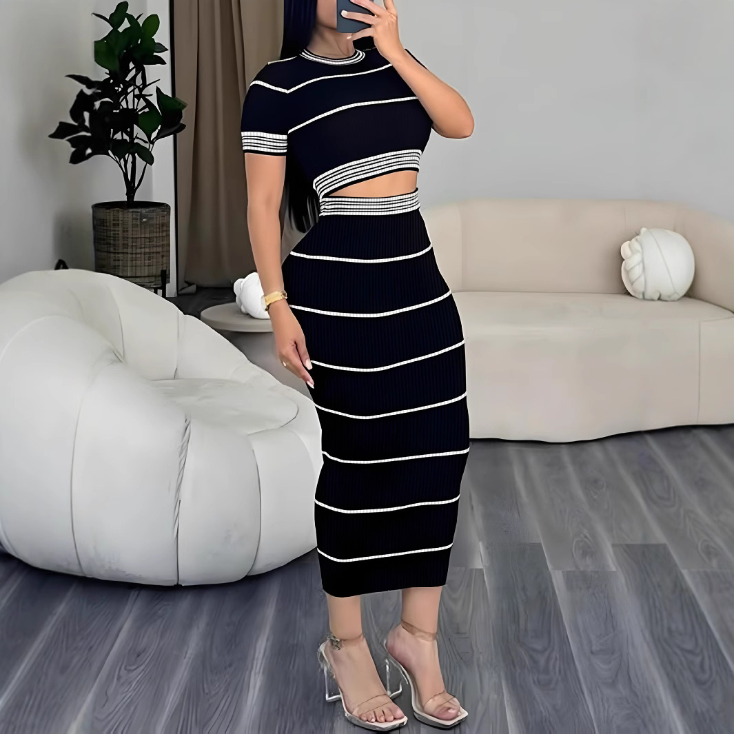 Women's Elegant Retro Short Ribbed Bodycon Skirt Set High End Sexy Short Sleeved Top Bottom Ensemble For Summer_ecoleips.com
