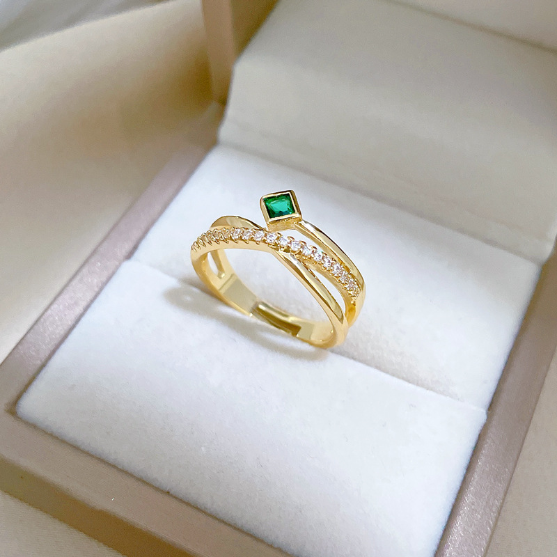 Anello a croce verde con diamanti incastonati, apertura regolabile, gioiello semplice giapponese, anello per coppie_voghion.com