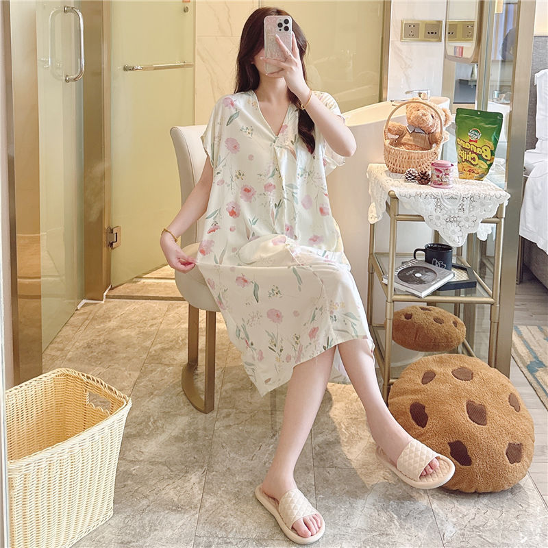 Camisón de seda de algodón para mujer verano nuevo Pijama estampado de dibujos animados de manga corta estilo coreano más tamaño ropa para el hogar suelta de seda de algodón delgada