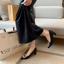 086-2法式气质水钻方扣单鞋浅口百搭黑色高跟鞋宽脚胖脚大码女鞋