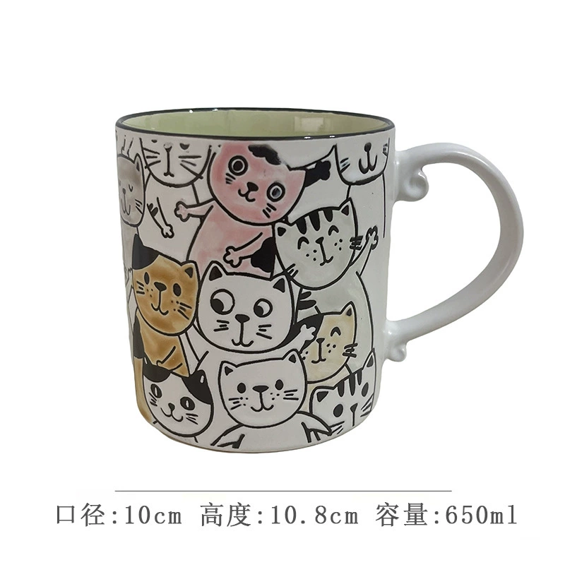 Ceramic mug hand-painted underglaze cat design, cute breakfast cup, microwave-safe