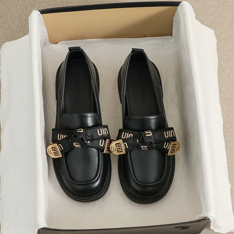 威威女郎2897-6厚底小皮鞋女春秋英伦风复古蝴蝶结粗跟软底乐福鞋