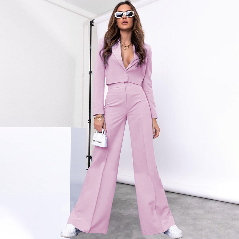 Autumn Winter Solid Color Short Long Sleeve Small Suit High Waist Wide Leg Pants Suit