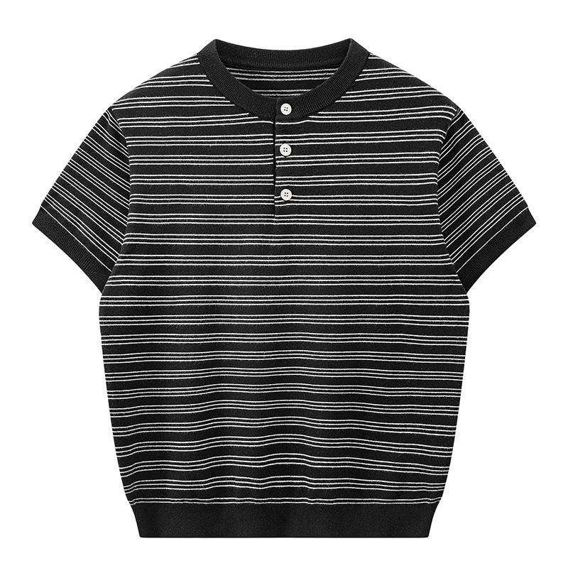 ZH8115-B夏薄款老钱风宽松休闲上衣美式条纹亨利领针织短袖，男装针织衫/毛衣，星座614