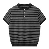 ZH8115-B夏薄款老钱风宽松休闲上衣美式条纹亨利领针织短袖，男装针织衫/毛衣，星座614