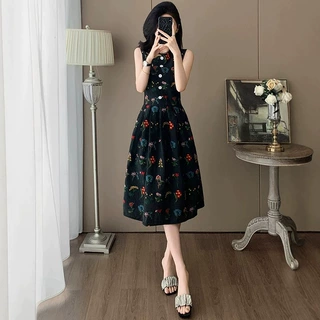 韩版气质无袖碎花背心连衣裙女夏季小众独特减龄收腰显瘦裙子ins