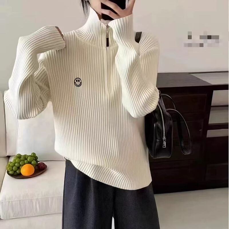 The Quality Goods of the Thirteen Lines Are Very Good! 2025 New Autumn and Winter Retro Slim Half Turtleneck Zipper Sweater for Women