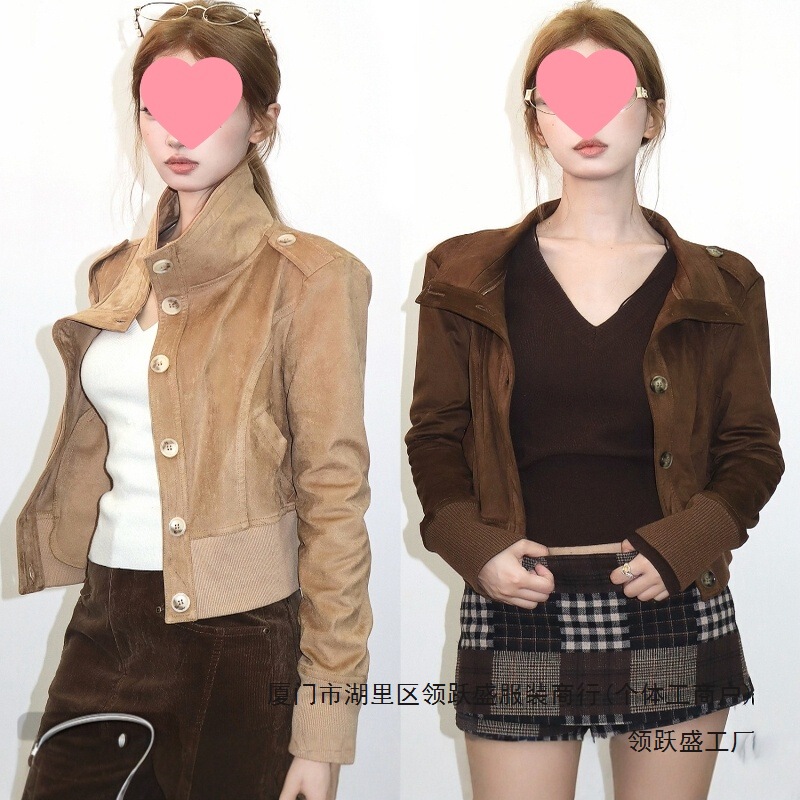 American Retro Autumn and Winter New Short Vintage Leather Jacket for Women, New Hong Kong Style Brown Suede Jacket with a Stylish Vibe