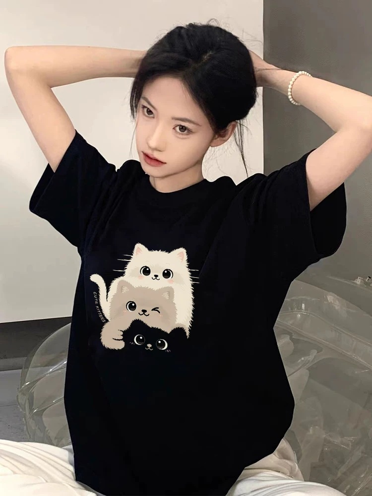 Pure Cotton Black Short-Sleeved Women's T-Shirt, New Summer Style, Unique Design, Niche Top, Large Size, Loose Fit, Slimming T-Shirt