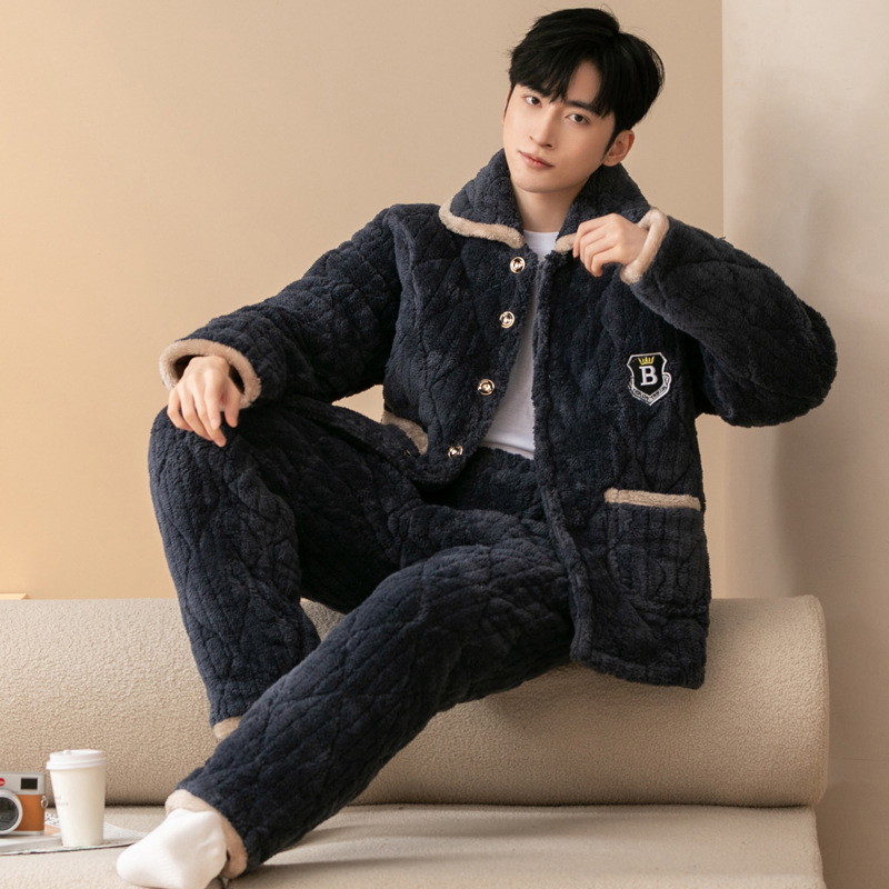 Winter Men's Three-Layer Thickened Quilted Pajamas Coral Flannel Home Clothes Set Warm Cotton Jacket Thickeneded and Warm