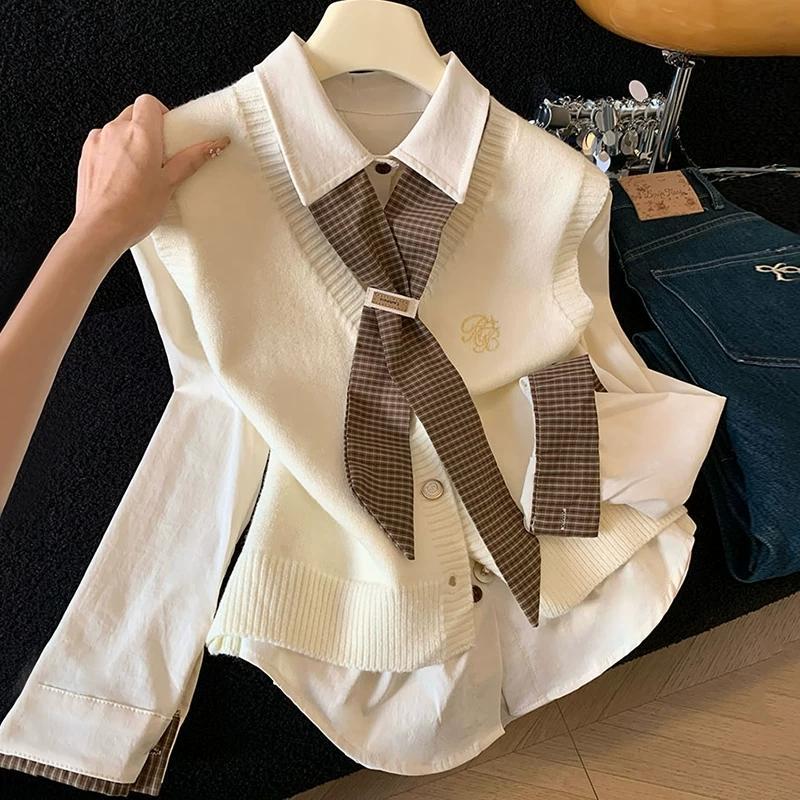 Highly recommended~2026 Spring Maillard College Style Long Sleeve Shirt and Knitted Vest Two-Piece Set