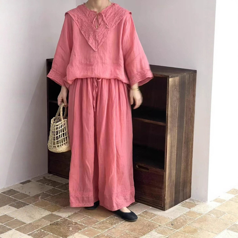 Ramie Suit Summer Japanese Sweet Round Neck Lace Splicing Ramie Top Shirt Linen Thin Skirt Pants