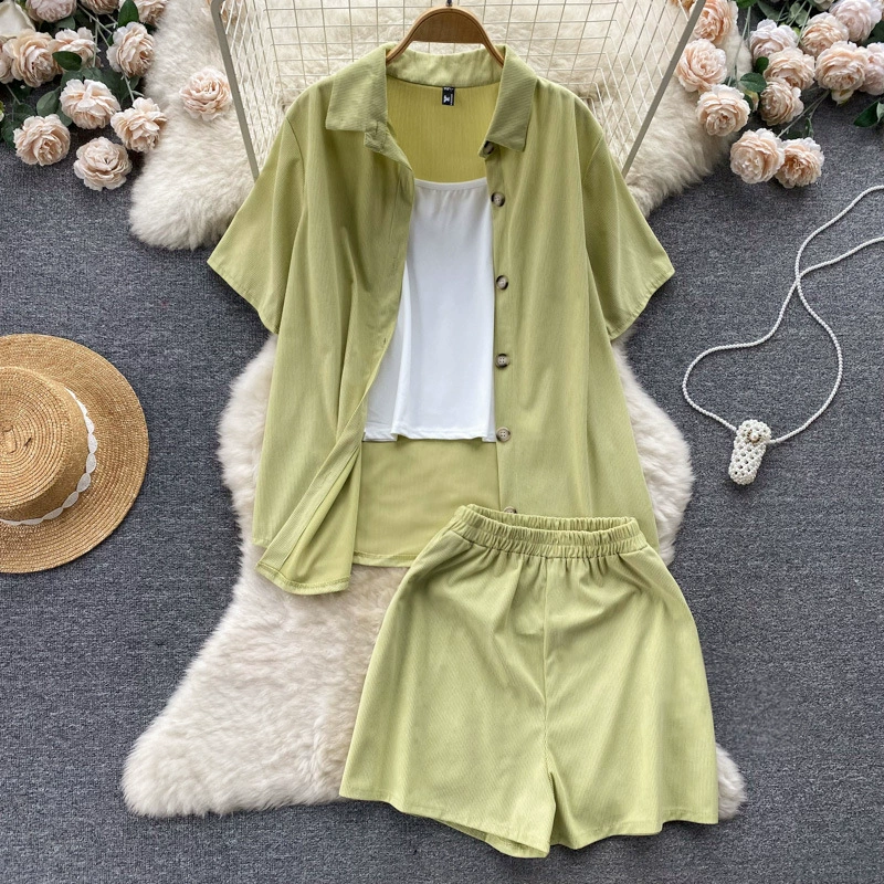 Летний повседневный свободный спортивный модный набор женская темпераментная рубашка с короткими рукавами с высокой талией шорты жилет с камзолом из трех частей