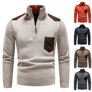 Half Turtleneck Sweater Men's Autumn and Winter Fleece-Lined Thickened Slim-Fit Pullover Zipper Sweater Sweater Jacket Base Shirt