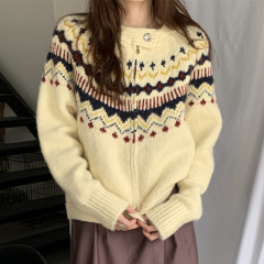 现货实拍 法式温柔 费尔岛毛衣拼色提花加厚保暖针织开衫外套