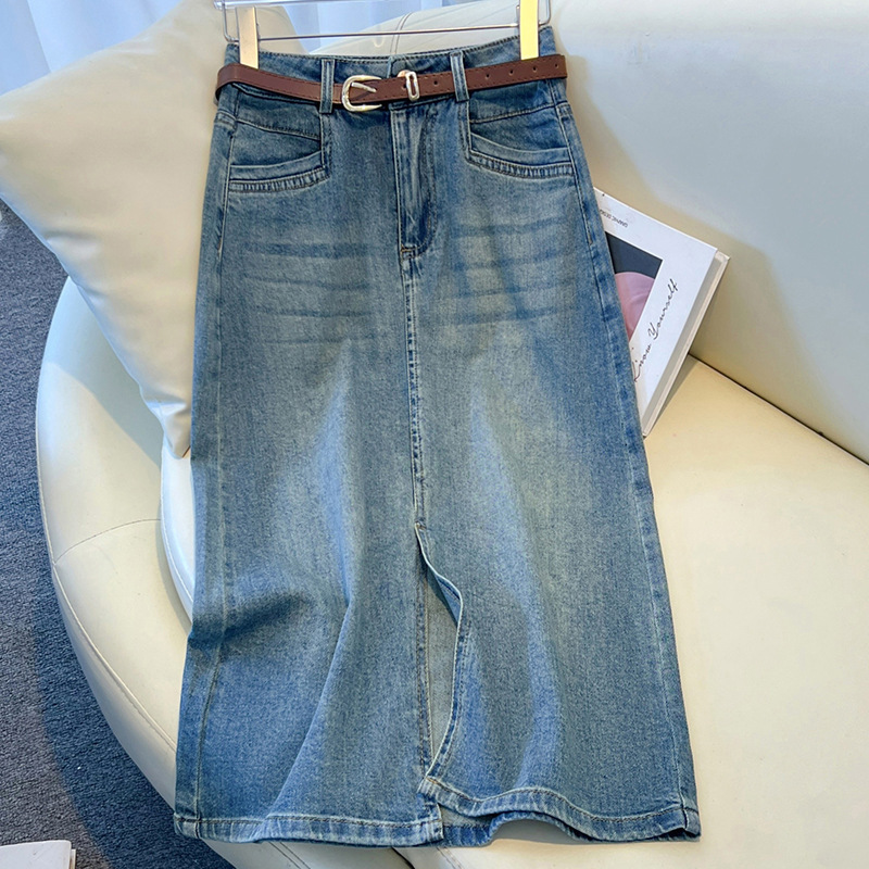 Retro Denim Skirt for Women Autum 2025 New High-Waist Slimming Look Front Slit Mid-Length A-Line Hip Skirt