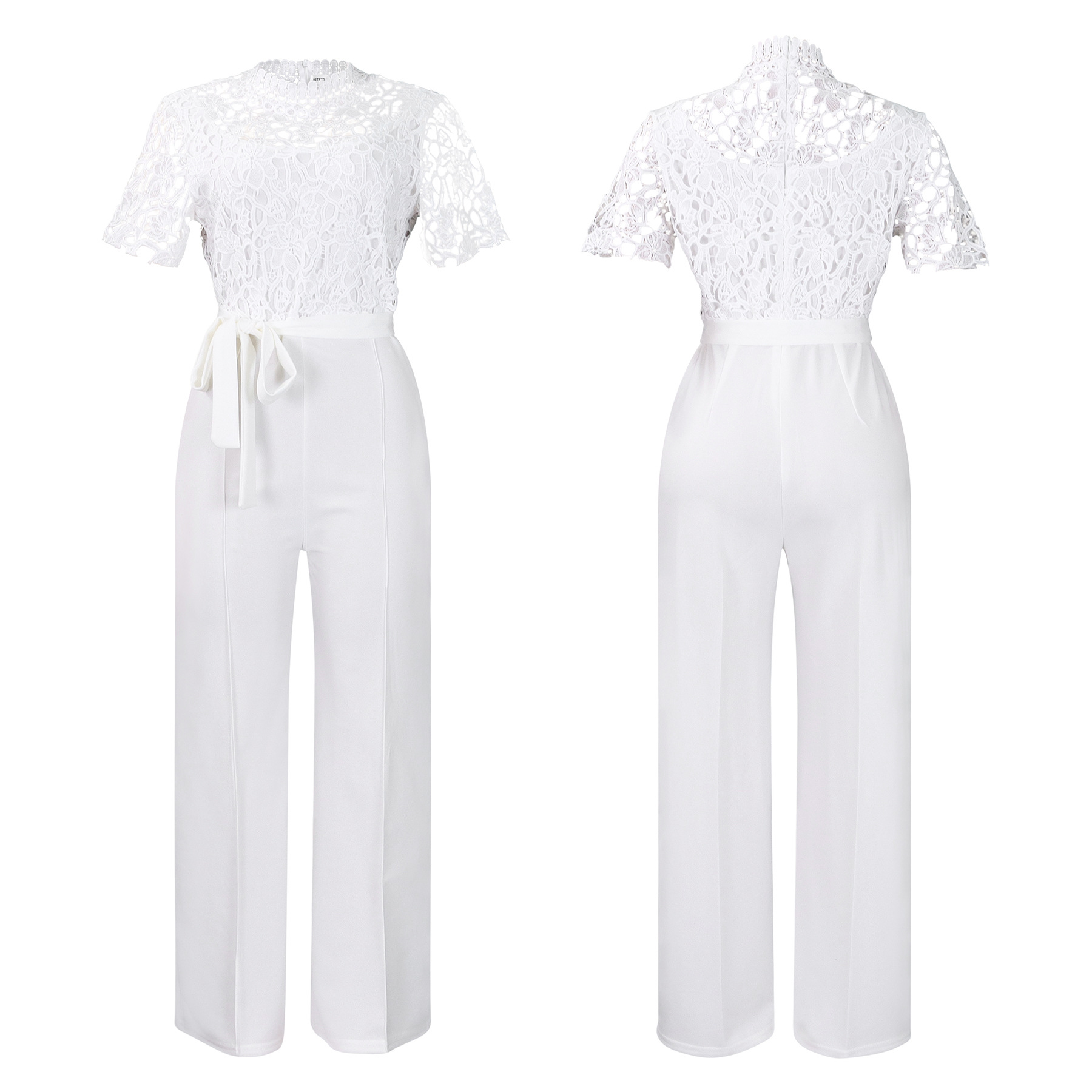 546g Weight Short Sleeve Sleeve Length Polyester Fabric Type High Waist Waist Line Jumpsuits Pants Type Daily Occasion Loose Fit Type Solid Color Pattern Summer Season Women's Gender Lace Design Casual Style Women's Daily Casual Solid Color Lace Jumpsuits 60