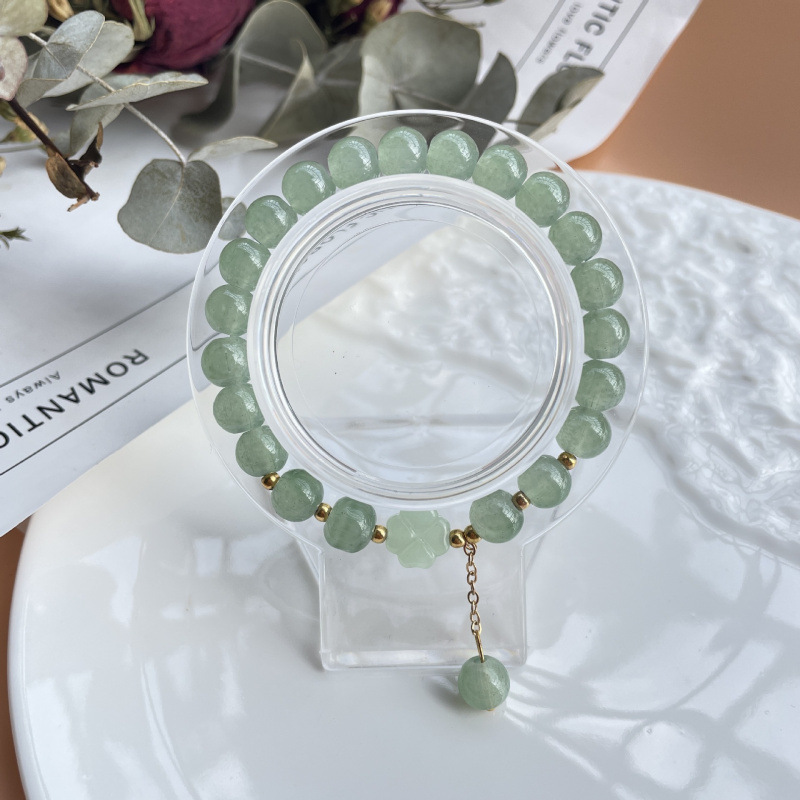 S048-Pulsera verde trébol de cuatro hojas imitación jade Hetian#tamaño 465