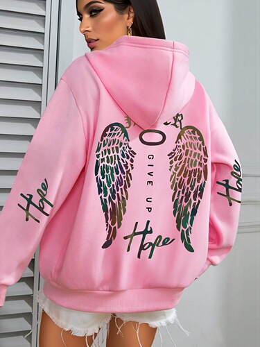 Wings Print Hoodie, Casual Kangaroo Pocket Drawstring Long-Sleeve Hooded Sweatshirt, Women's European Size Hooded Sweatshirt