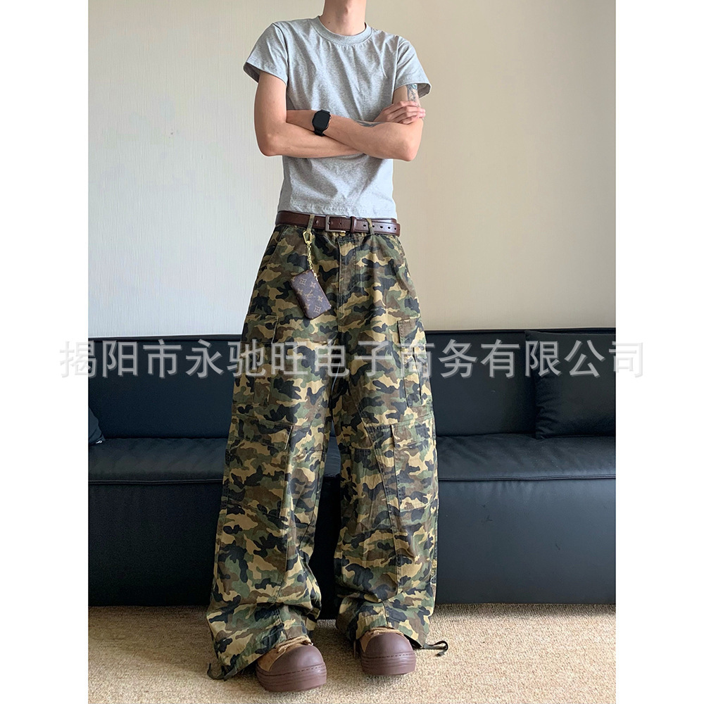 Loose Large Pocket American Camouflage Overalls Three-Dimensional Cut Men's Heavy Wide Leg Casual Pants Spring and Autumn Men's Pants