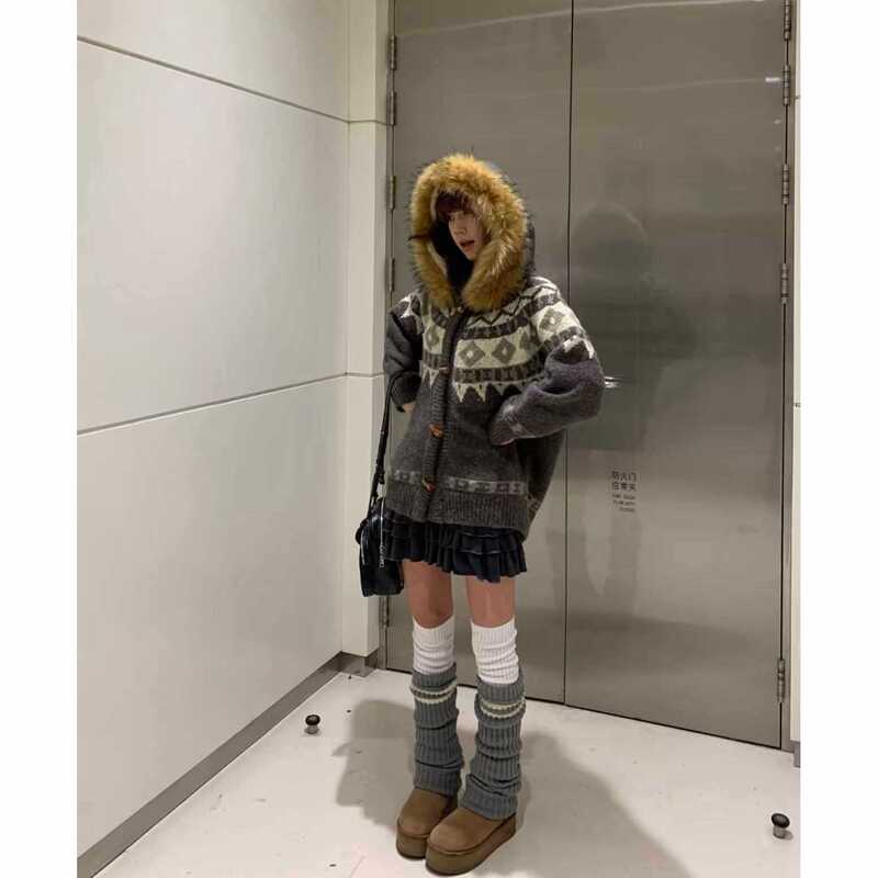 【大版】秋冬季加厚撞色费尔岛提花可拆卸毛领针织衫设计感毛衣外|undefined