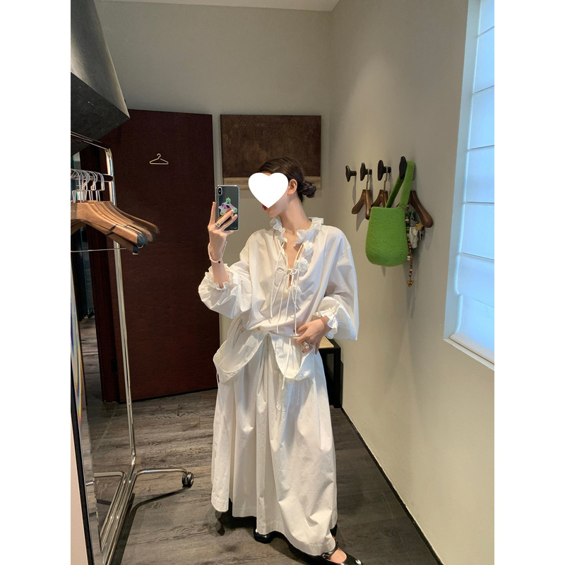 le rouge周美美   温情手作vintage毛边花朵白色绑带灯笼袖衬衫|undefined