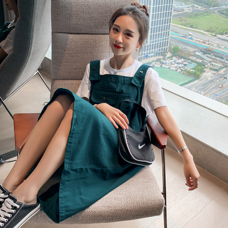 孕妇夏装牛仔背带连衣裙两件套夏季上衣宽松韩版时尚哺乳衣套装