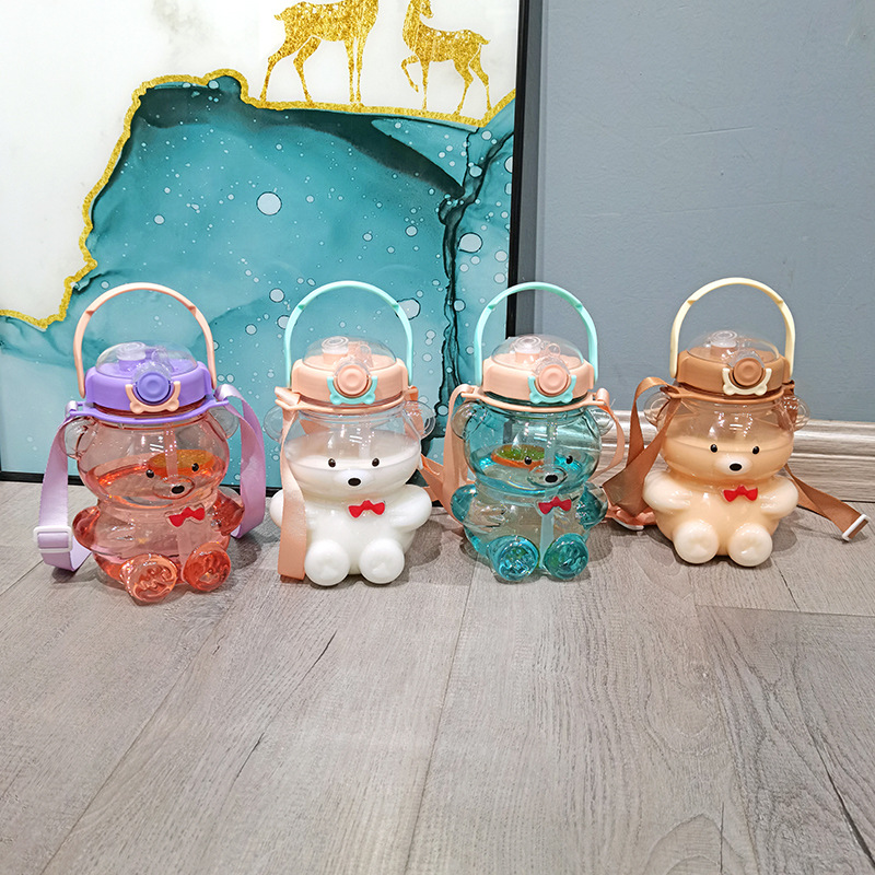 Taza de agua de oso encantador, taza de paja de doble bebida de gran capacidad, portable al aire libre, taza de abdomen grande
