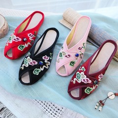 拖鞋  繡花布鞋布藝外穿拖鞋夏季涼拖 國風復古祥雲魚嘴女鞋