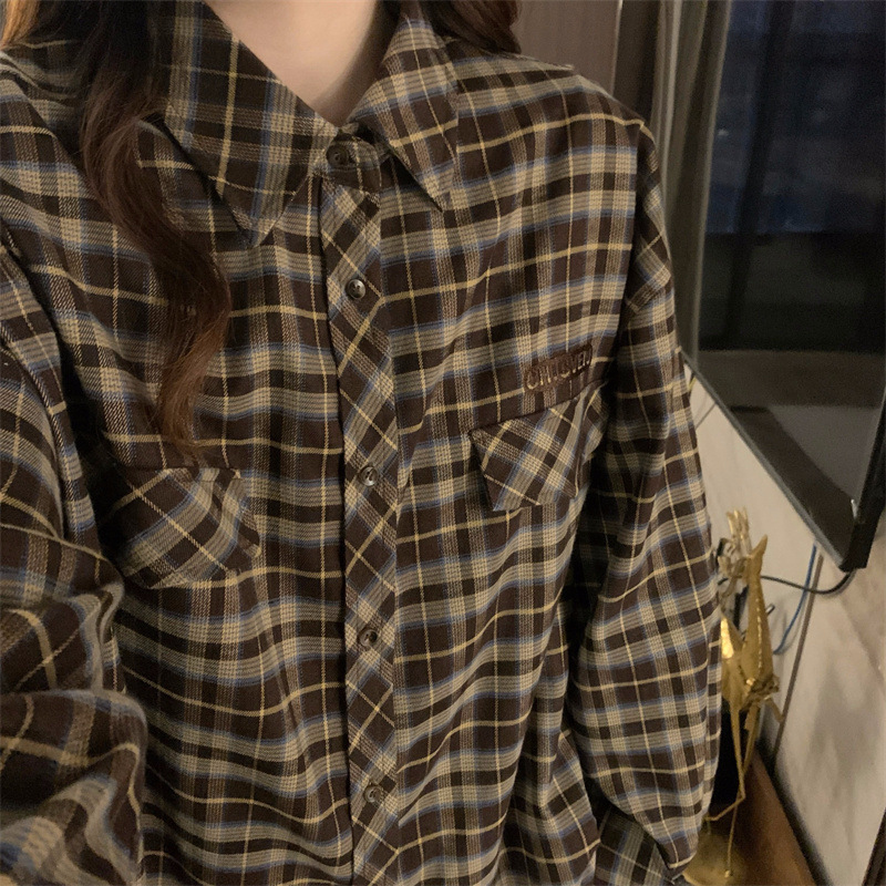 法式格子中长款长袖衬衫女初秋韩系穿搭薄款开衫衬衣外套外搭上衣|undefined