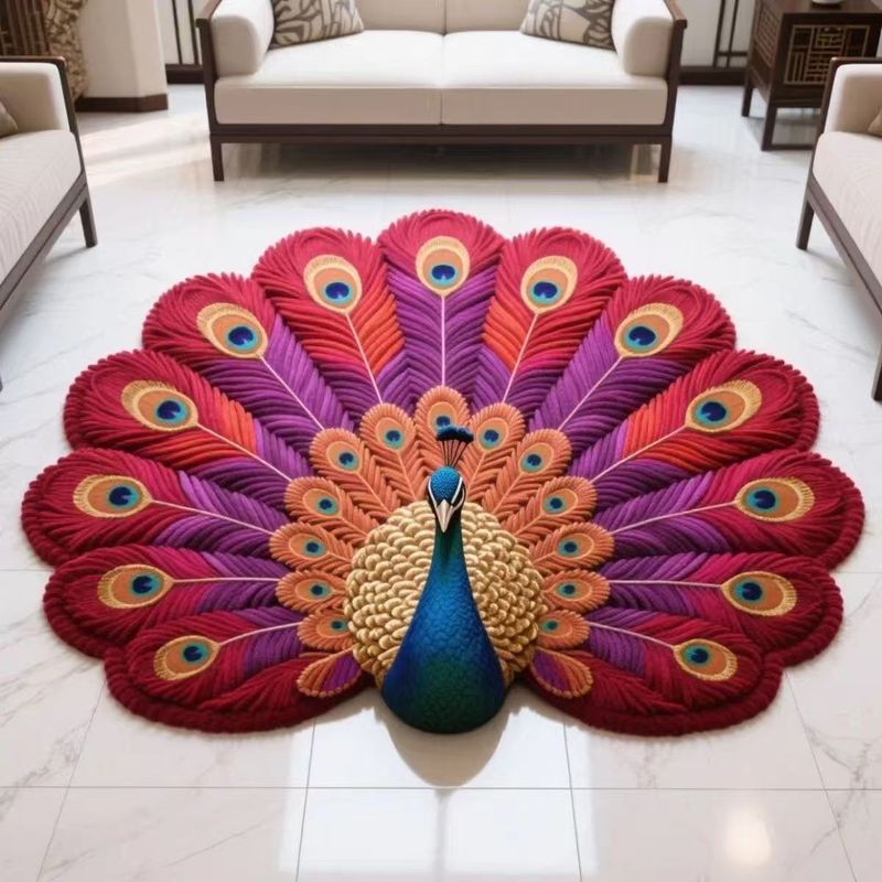 3D效果孔雀花卉圆形水晶绒印花地毯家用装饰客厅防滑易打理沙发毯|undefined