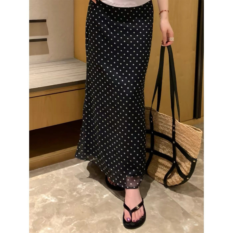 Complete Set of Three Tags, Polka Dot A-Line Chiffon Fishtail Long Skirt, Simple and Slimming, Versatile, Elegant and Gentle Women's Skirt
